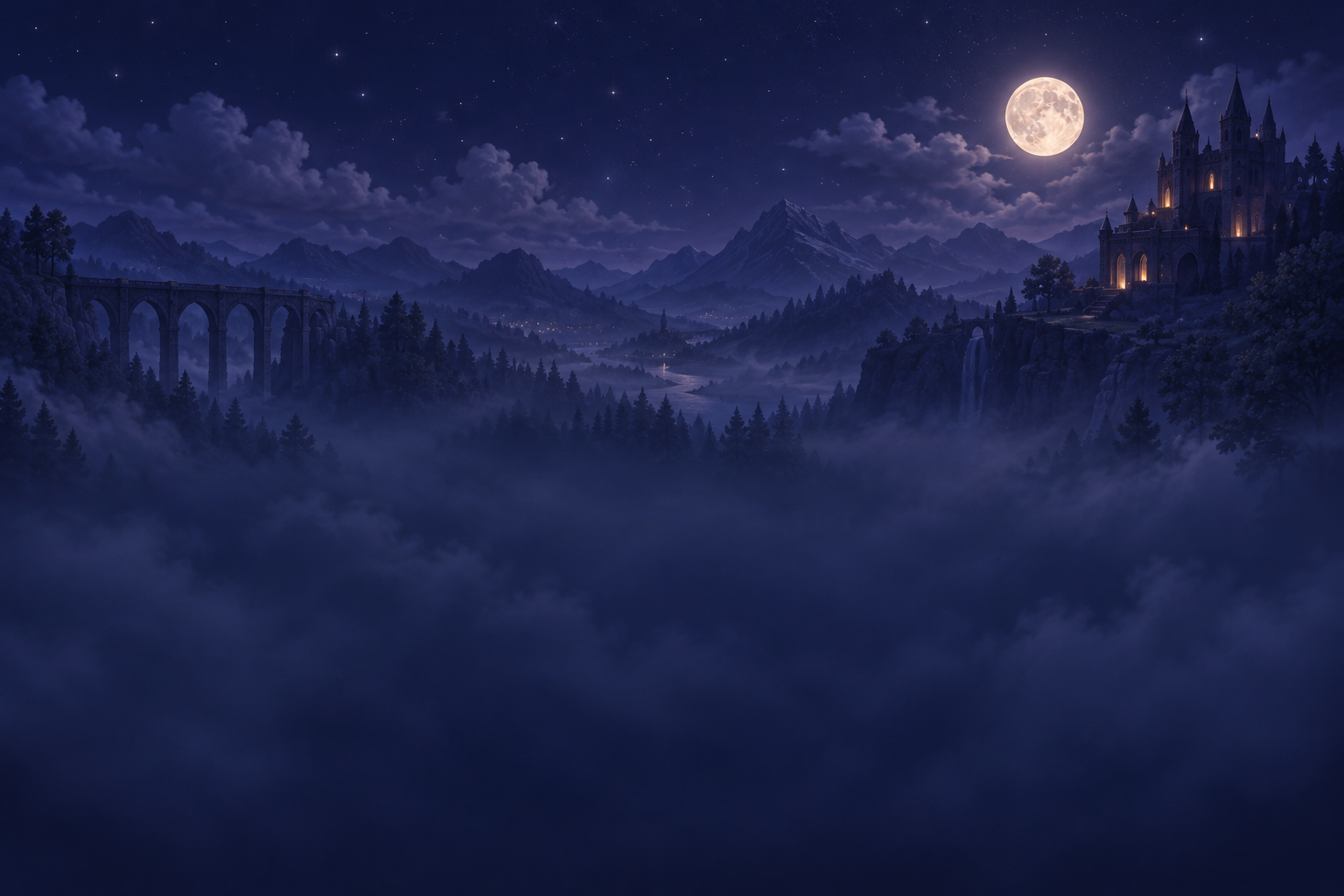 Paisaje nocturno del universo de Oraklia, con montañas, estrellas y un castillo bajo la Luna